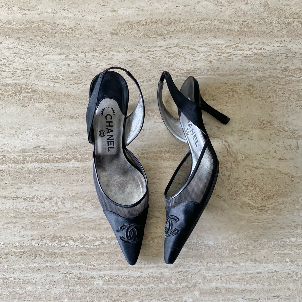Vintage Chanel Satin Mesh CC Slingback Heels